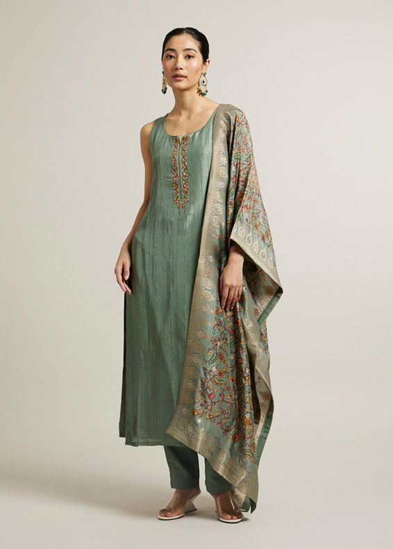 Mohey Women Pista Green Floral Embroidered Straight Suit with Rhinestones
