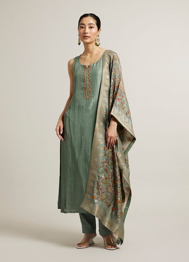 Mohey Women Pista Green Floral Embroidered Straight Suit with Rhinestones
