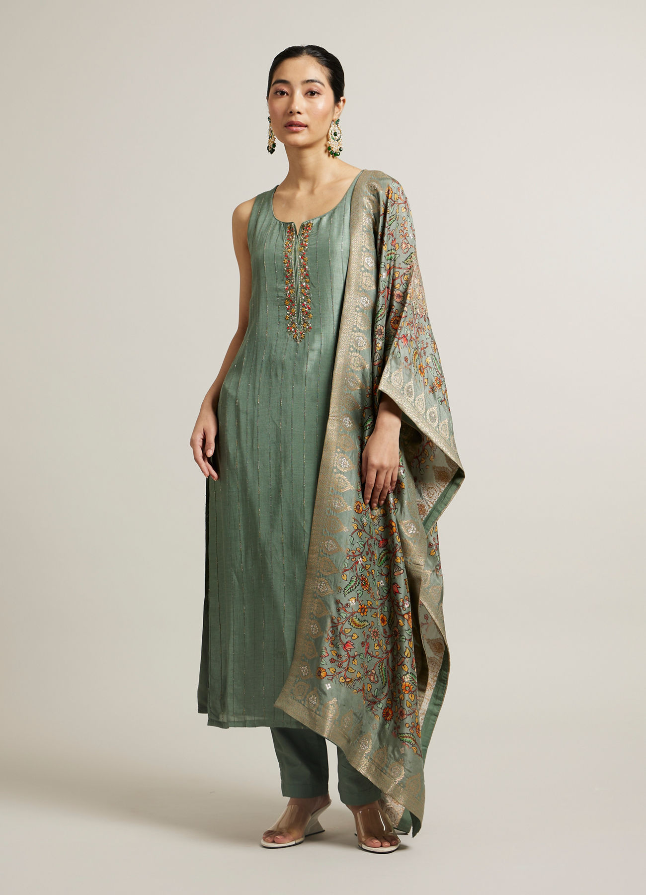 Mohey Women Pista Green Floral Embroidered Straight Suit with Rhinestones