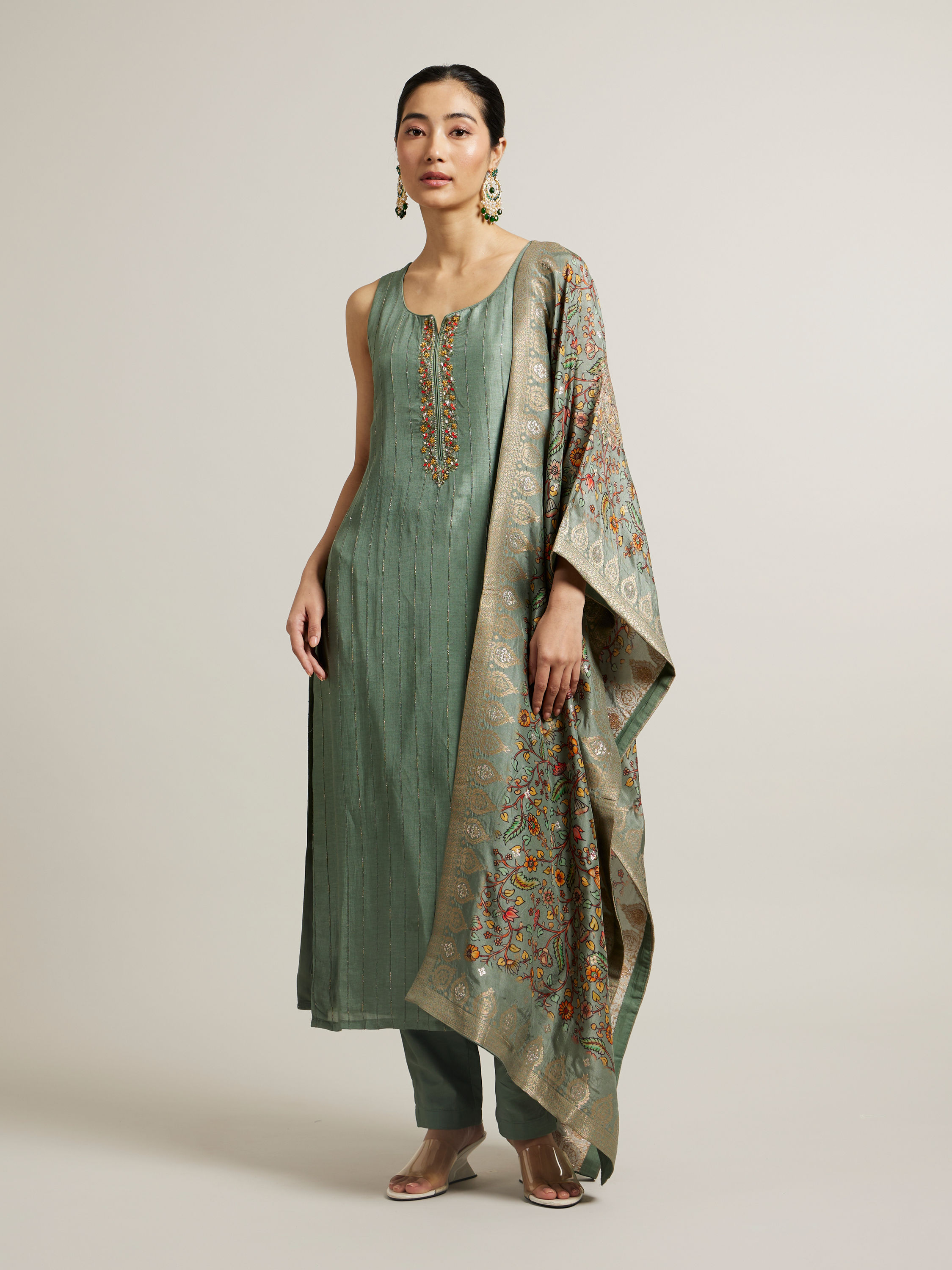 Mohey Women Pista Green Floral Embroidered Straight Suit with Rhinestones