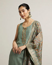 Mohey Women Pista Green Floral Embroidered Straight Suit with Rhinestones