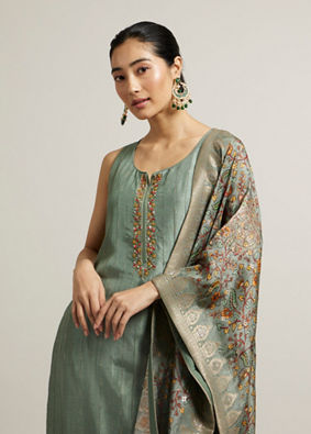 Mohey Women Pista Green Floral Embroidered Straight Suit with Rhinestones