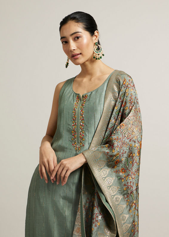 Mohey Women Pista Green Floral Embroidered Straight Suit with Rhinestones