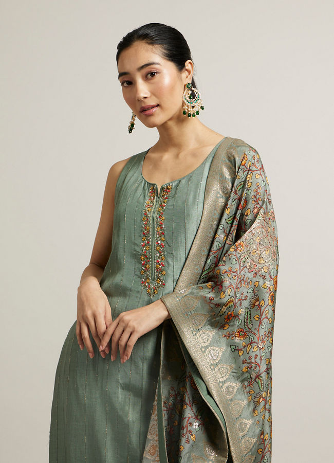 Mohey Women Pista Green Floral Embroidered Straight Suit with Rhinestones