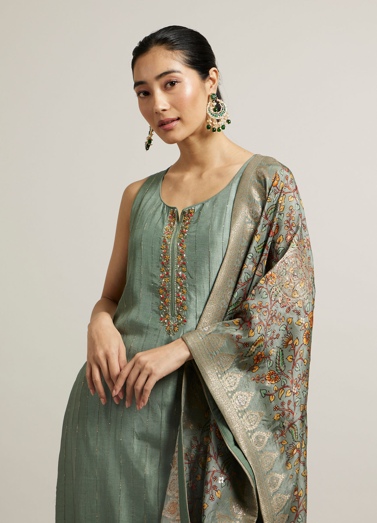 Mohey Women Pista Green Floral Embroidered Straight Suit with Rhinestones