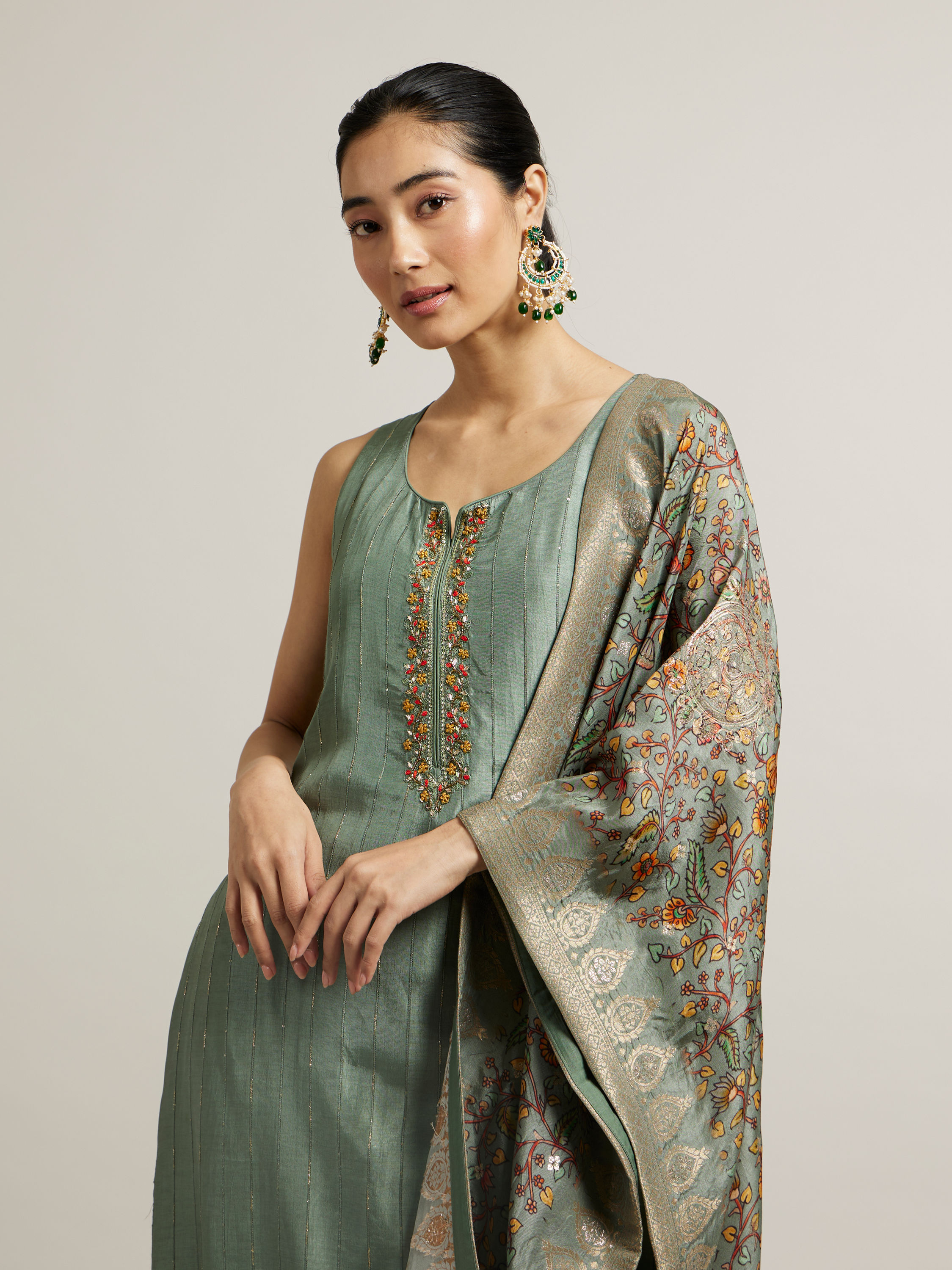 Mohey Women Pista Green Floral Embroidered Straight Suit with Rhinestones