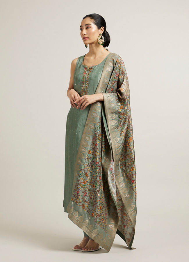 Mohey Women Pista Green Floral Embroidered Straight Suit with Rhinestones