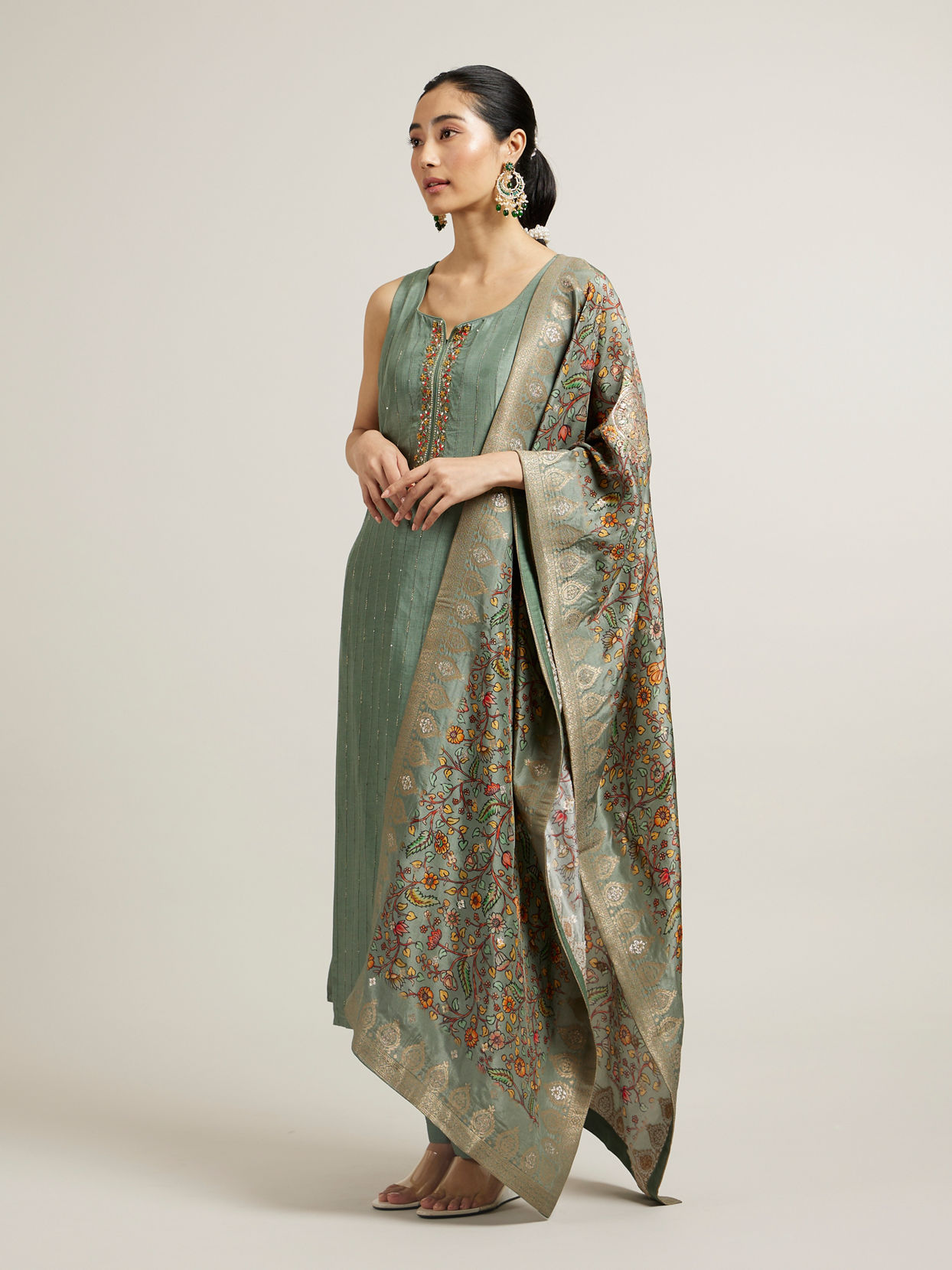 Mohey Women Pista Green Floral Embroidered Straight Suit with Rhinestones