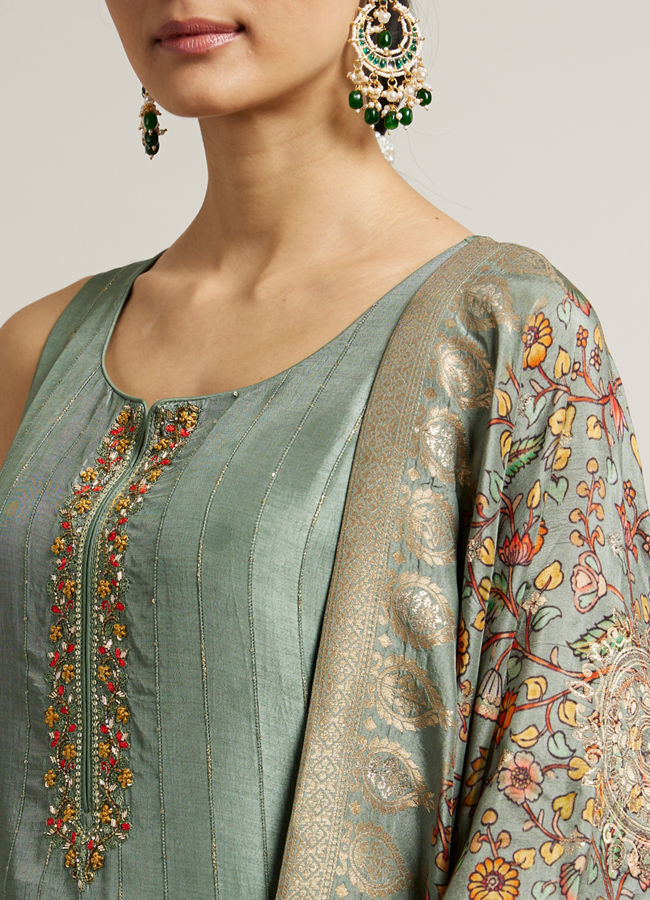 Mohey Women Pista Green Floral Embroidered Straight Suit with Rhinestones