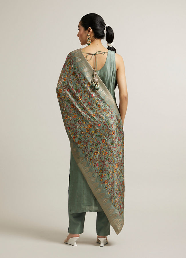Mohey Women Pista Green Floral Embroidered Straight Suit with Rhinestones