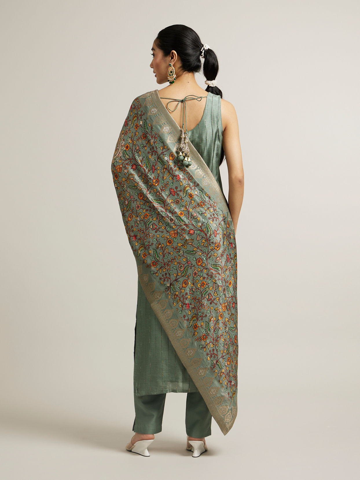 Mohey Women Pista Green Floral Embroidered Straight Suit with Rhinestones