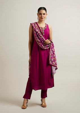 Mohey Women Wine Blended Viscose Straight Suit with Zardosi Work
