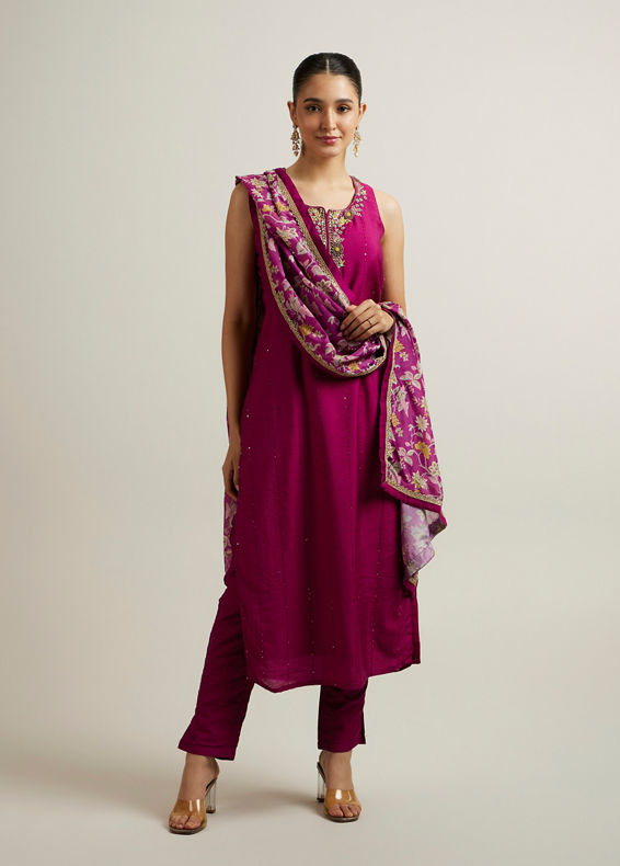 Mohey Women Wine Blended Viscose Straight Suit with Zardosi Work