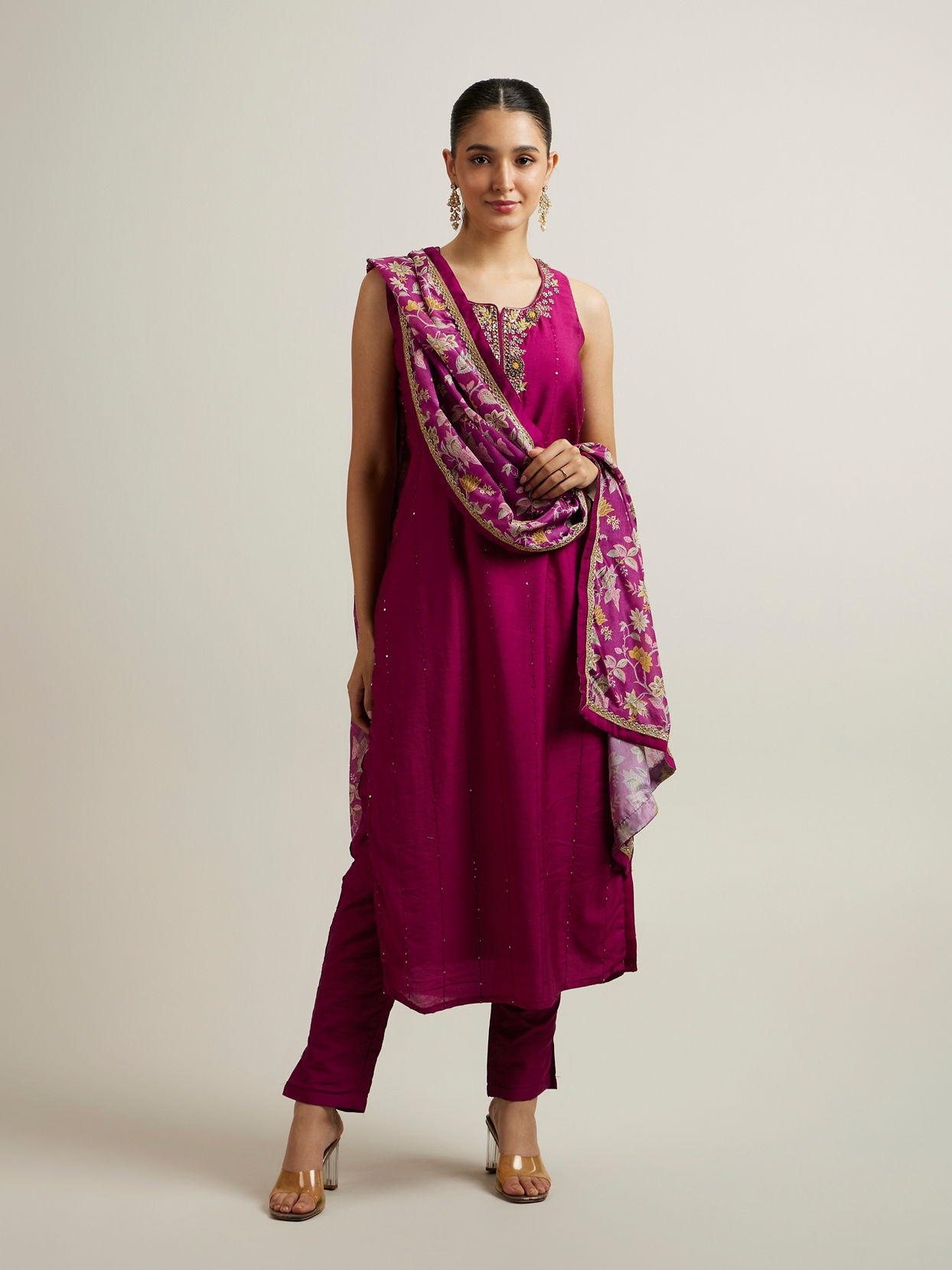 Mohey Women Wine Blended Viscose Straight Suit with Zardosi Work