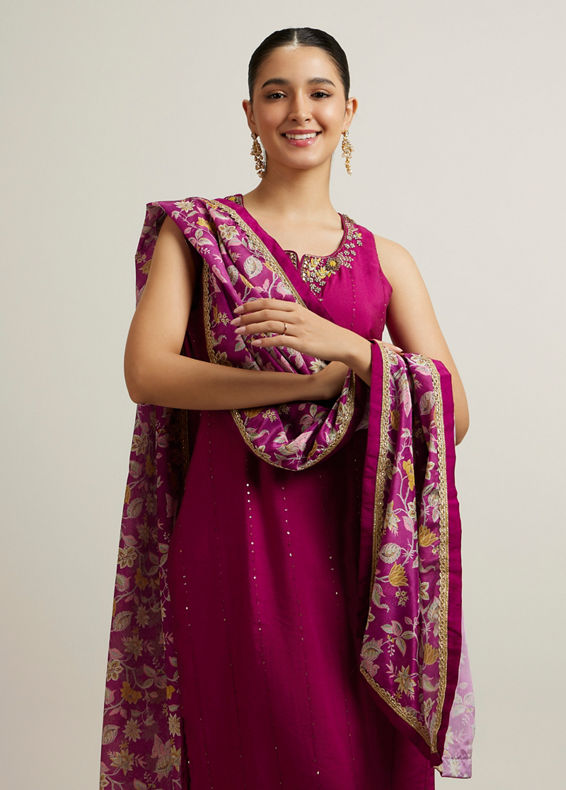 Mohey Women Wine Blended Viscose Straight Suit with Zardosi Work