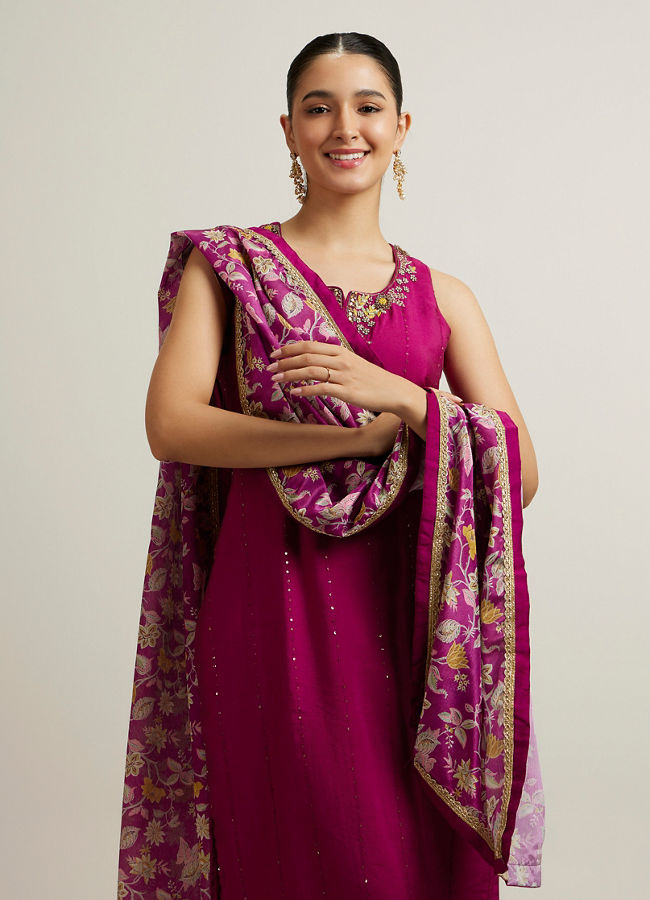 Mohey Women Wine Blended Viscose Straight Suit with Zardosi Work