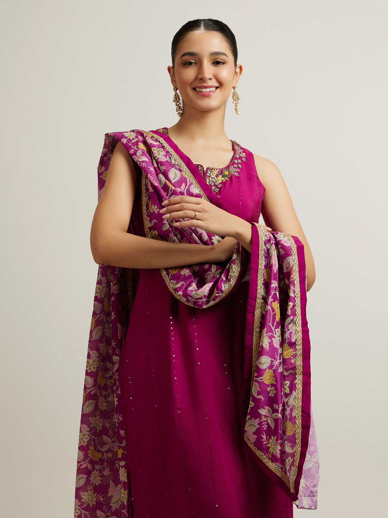 Mohey Women Wine Blended Viscose Straight Suit with Zardosi Work