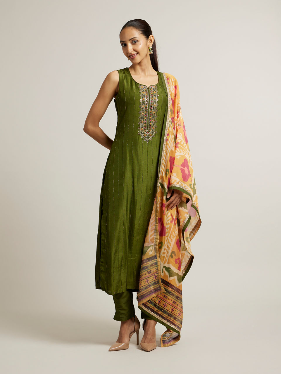 Mohey Women Mehendi Green Floral Embroidered Straight Suit with Rhinestones