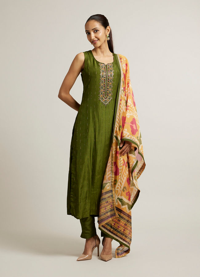 Mohey Women Mehendi Green Floral Embroidered Straight Suit with Rhinestones