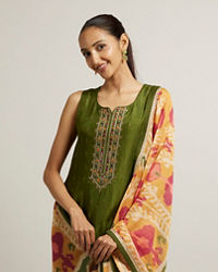 Mohey Women Mehendi Green Floral Embroidered Straight Suit with Rhinestones