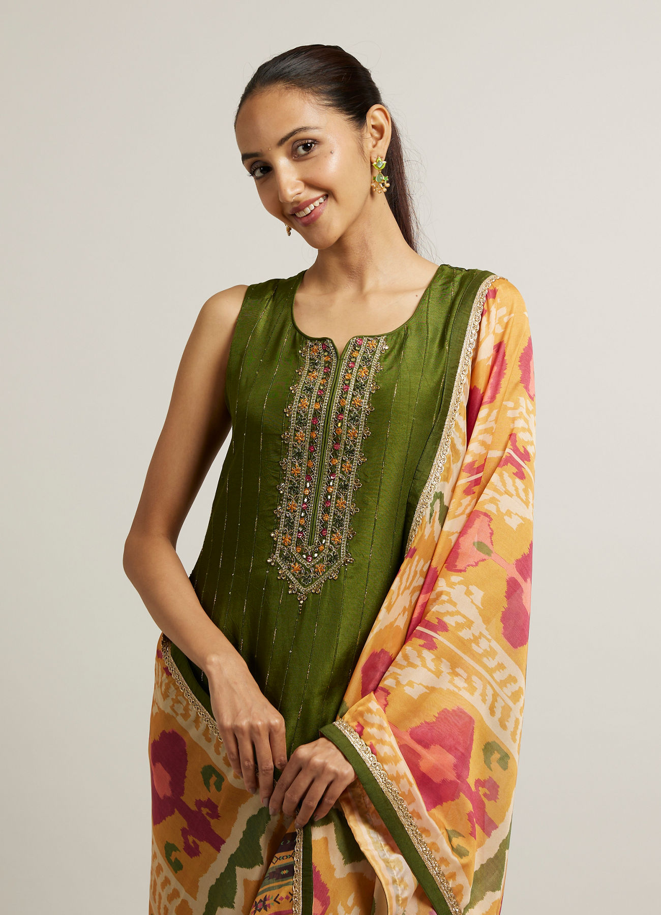 Mohey Women Mehendi Green Floral Embroidered Straight Suit with Rhinestones