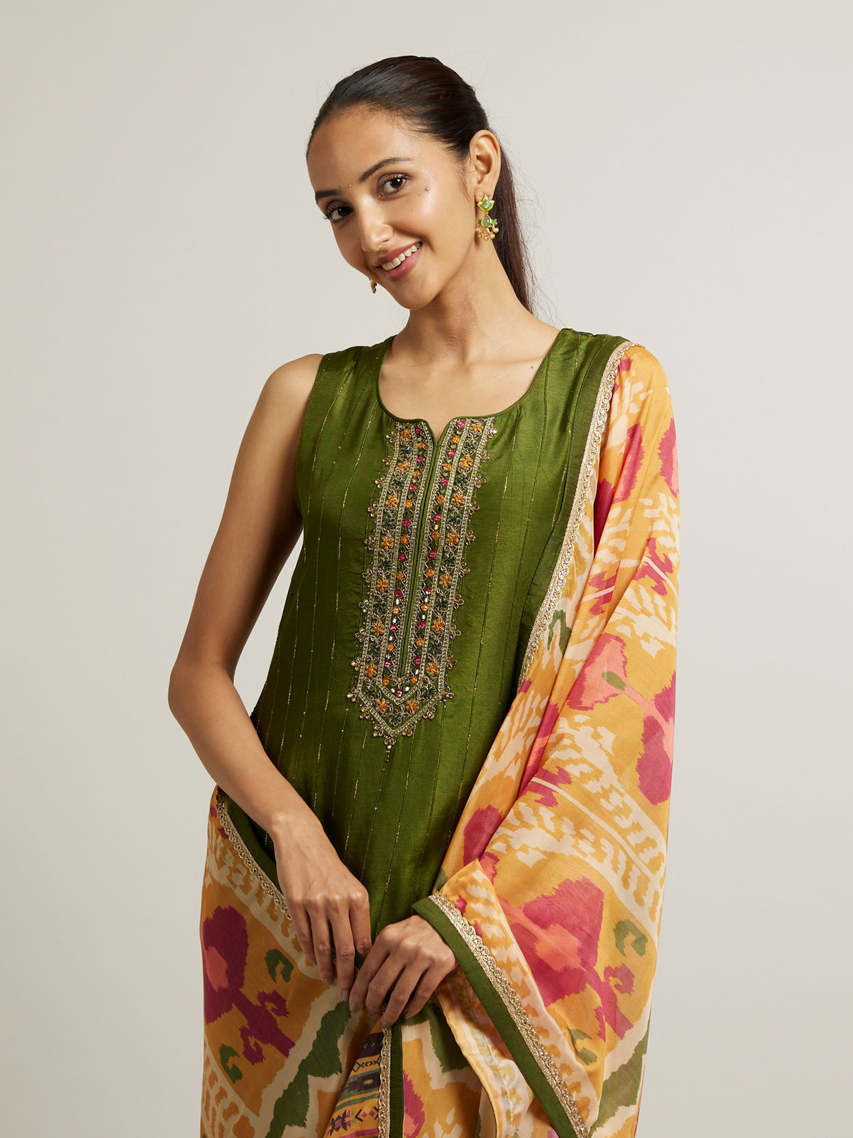 Mohey Women Mehendi Green Floral Embroidered Straight Suit with Rhinestones