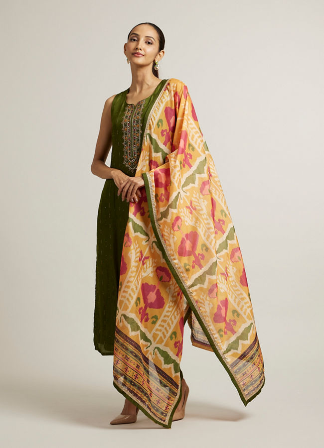 Mohey Women Mehendi Green Floral Embroidered Straight Suit with Rhinestones