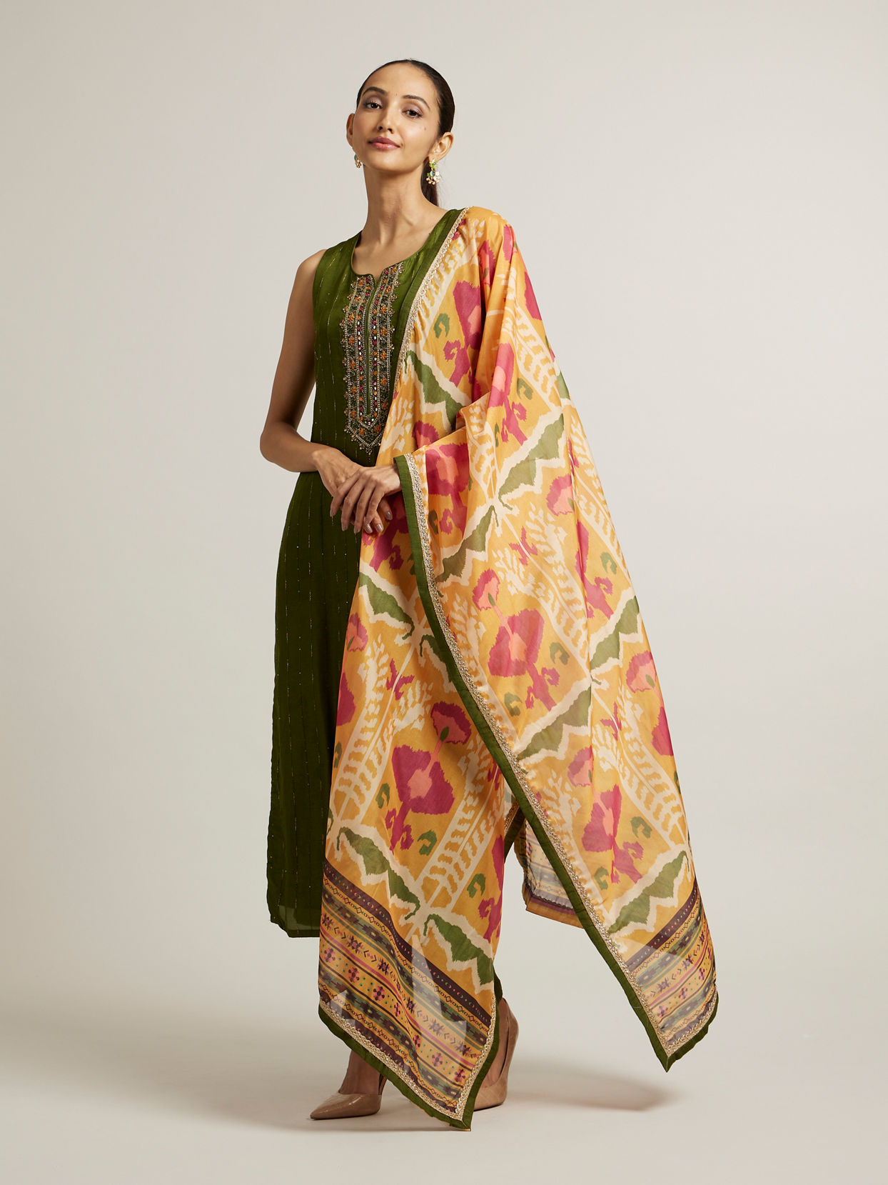 Mohey Women Mehendi Green Floral Embroidered Straight Suit with Rhinestones