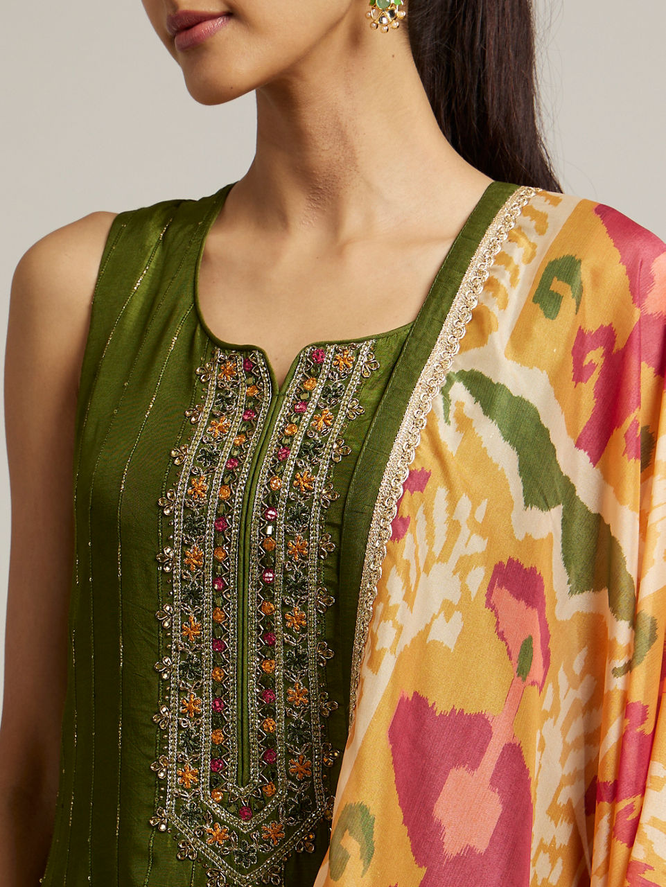 Mohey Women Mehendi Green Floral Embroidered Straight Suit with Rhinestones