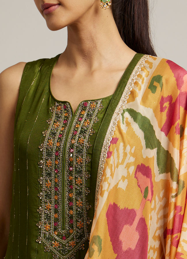 Mohey Women Mehendi Green Floral Embroidered Straight Suit with Rhinestones
