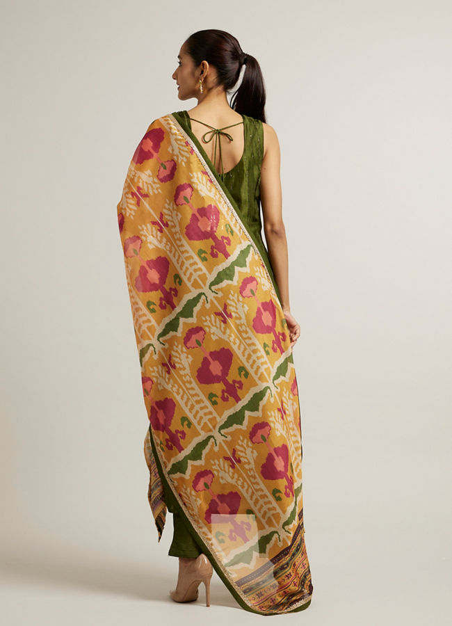 Mohey Women Mehendi Green Floral Embroidered Straight Suit with Rhinestones