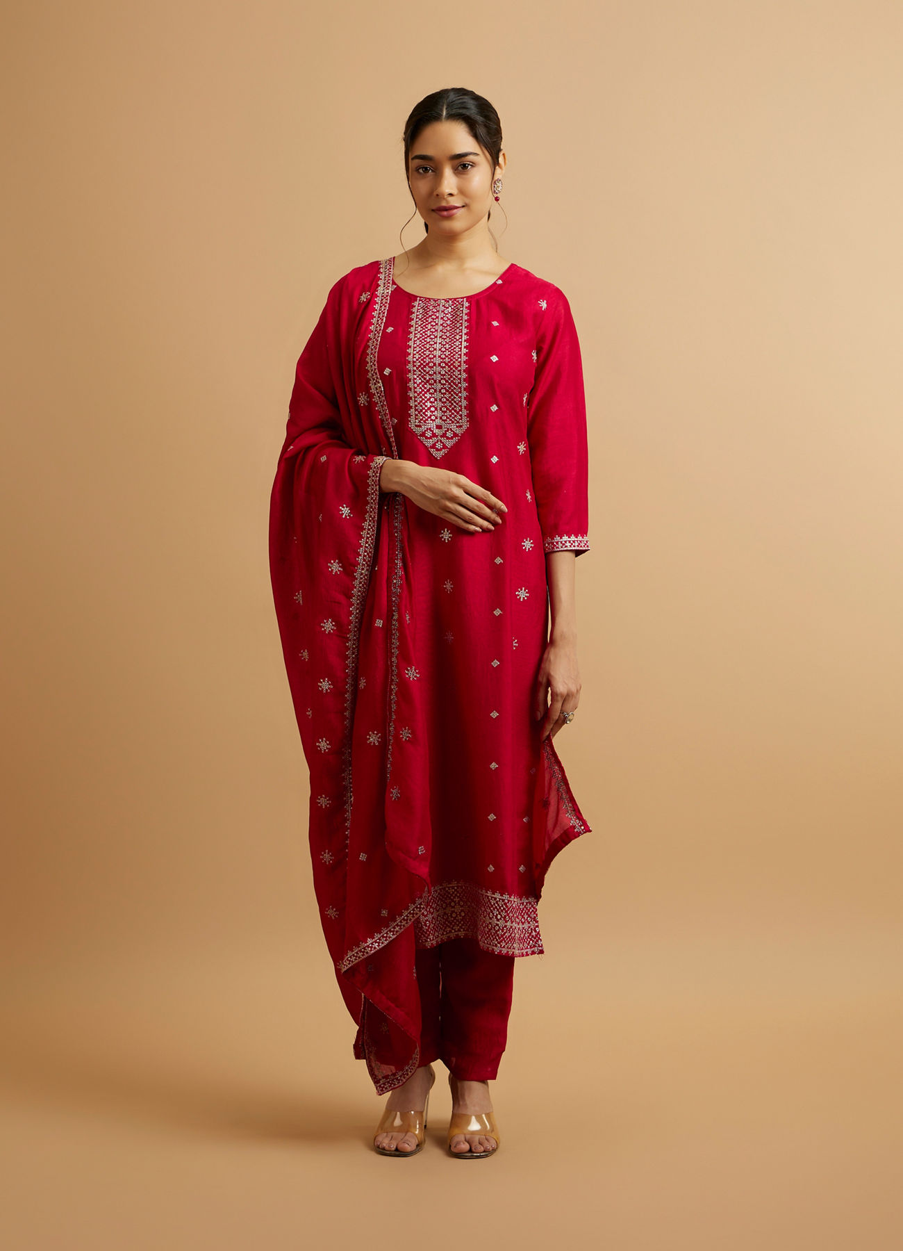 Mohey Women Dark Red Buta Patterned Stitched Suit