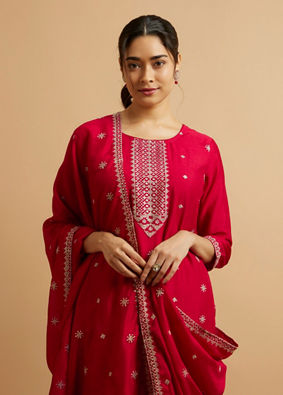 Mohey Women Dark Red Buta Patterned Straight Suit