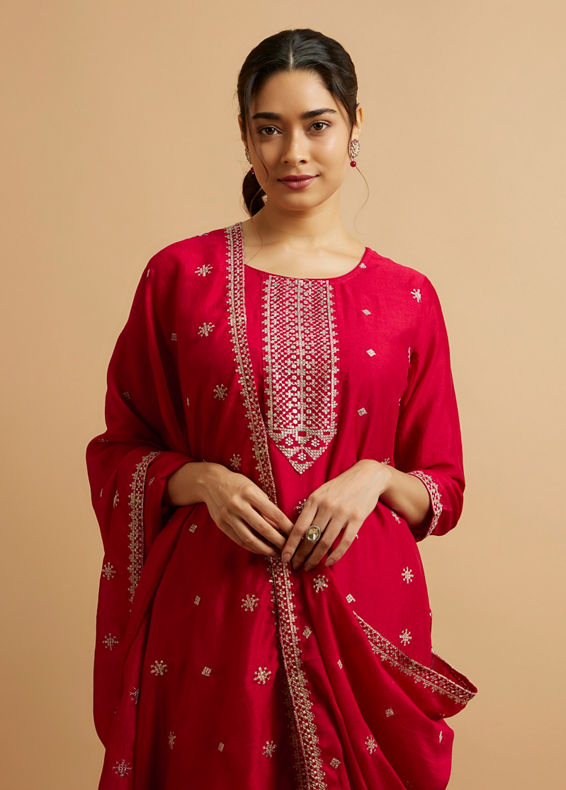 Mohey Women Dark Red Buta Patterned Straight Suit