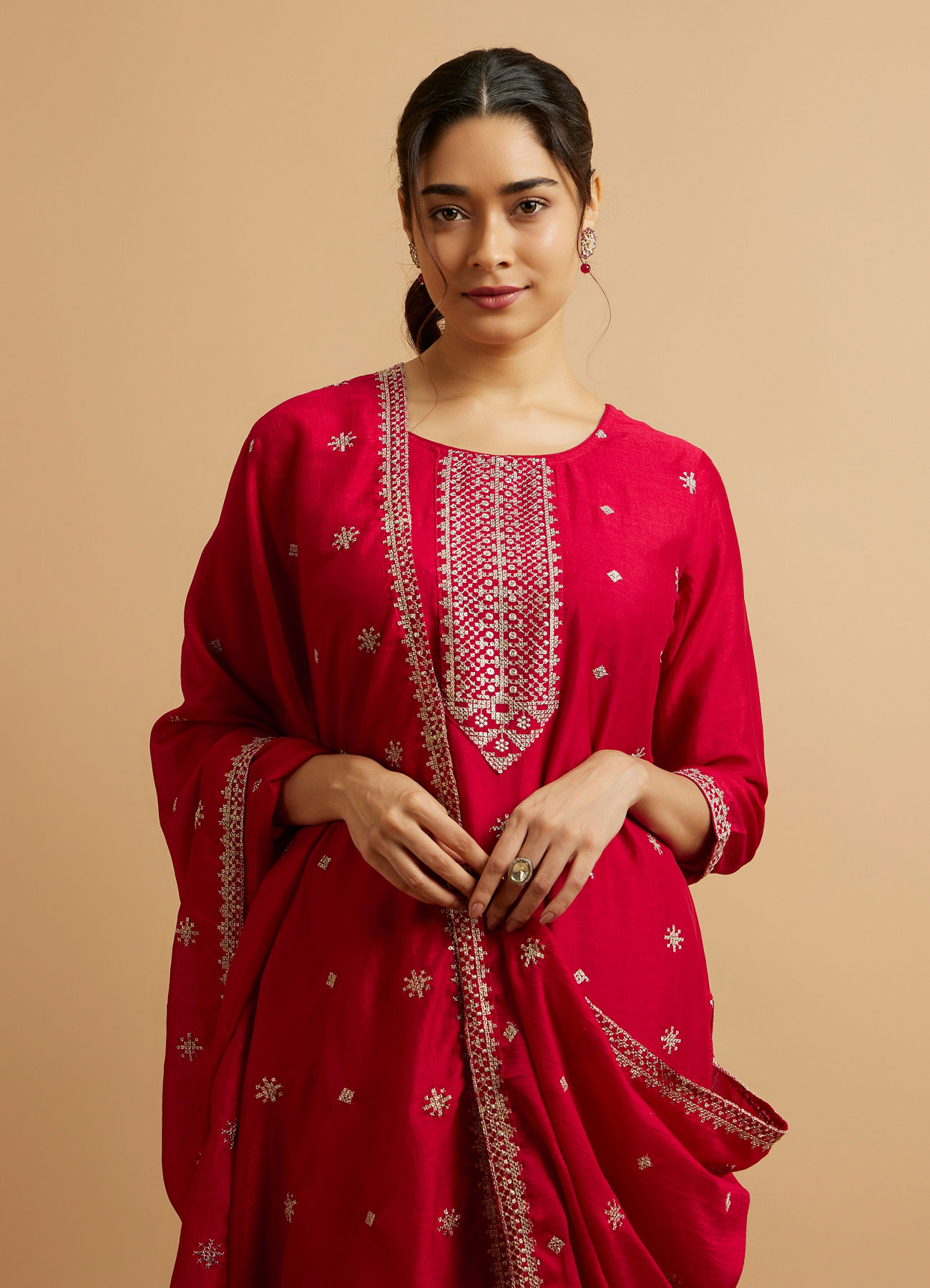 Mohey Women Dark Red Buta Patterned Stitched Suit