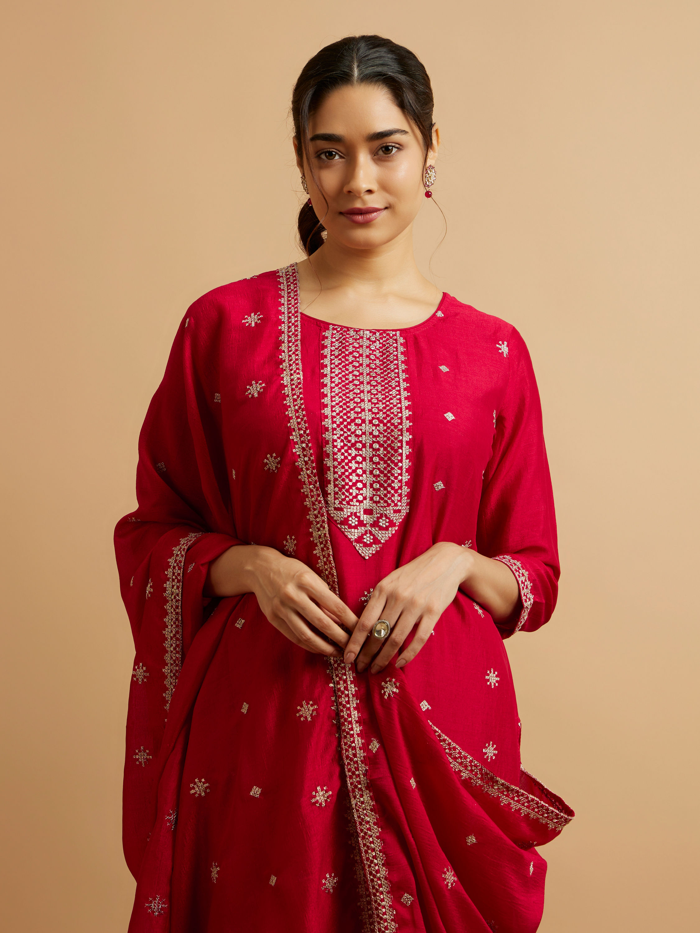 Mohey Women Dark Red Buta Patterned Stitched Suit