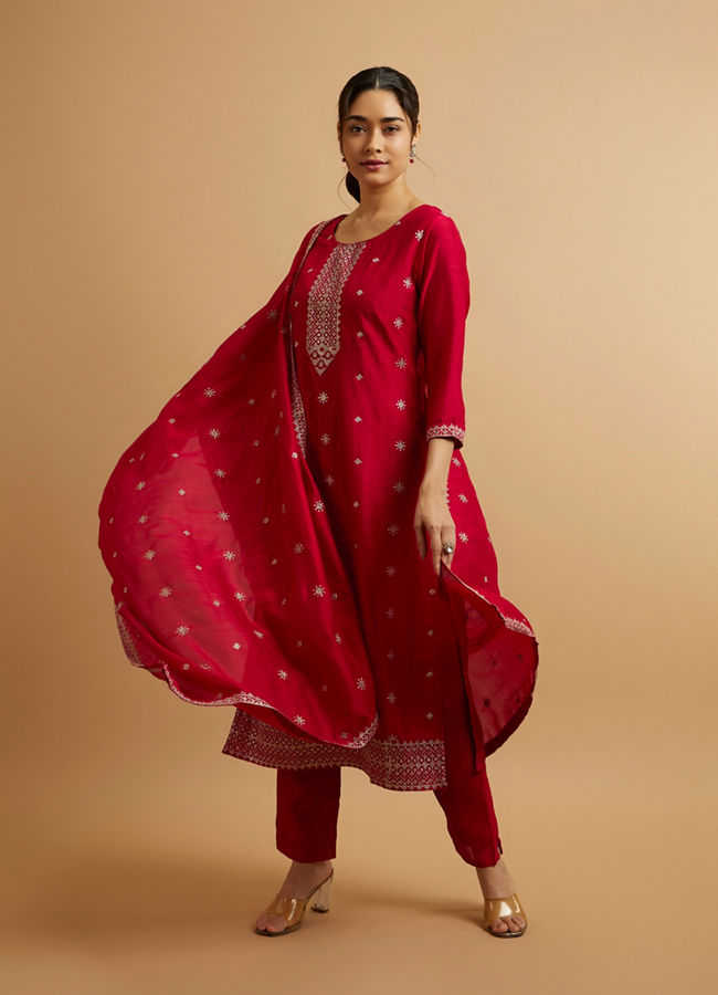 Mohey Women Dark Red Buta Patterned Stitched Suit