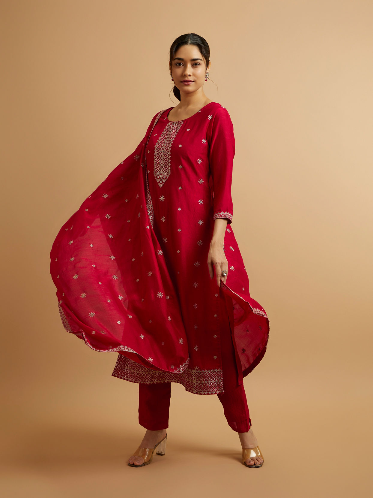 Mohey Women Dark Red Buta Patterned Straight Suit