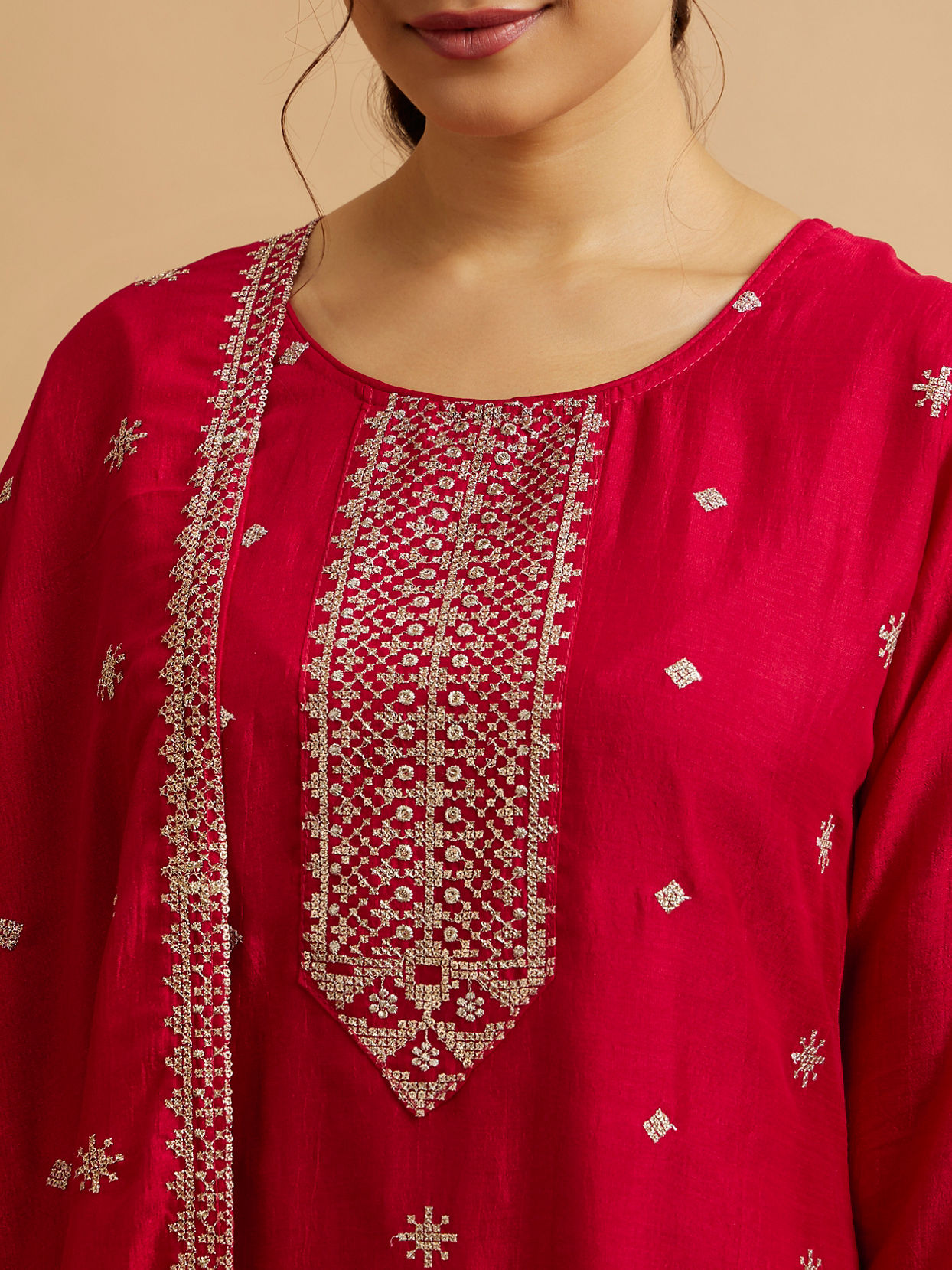 Mohey Women Dark Red Buta Patterned Straight Suit