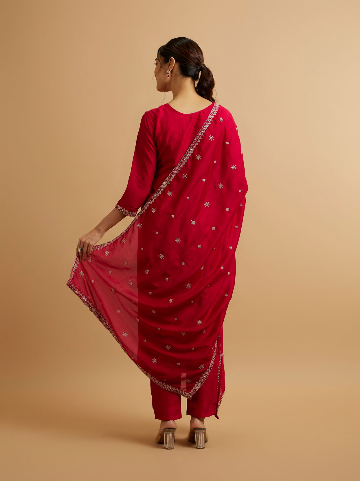 Mohey Women Dark Red Buta Patterned Straight Suit