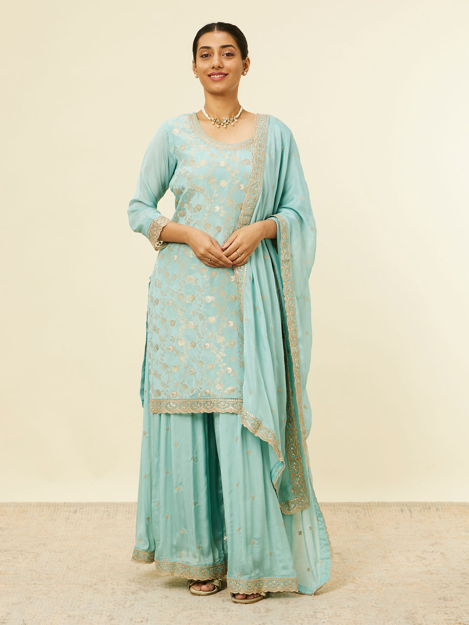 Mohey Women Light Blue Bel Buti Jaal Patterned Palazzo Suit