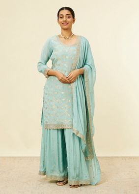 alt message - Mohey Women Light Blue Bel Buti Jaal Patterned Palazzo Suit image number 0