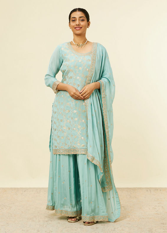 Mohey Women Light Blue Bel Buti Jaal Patterned Palazzo Suit