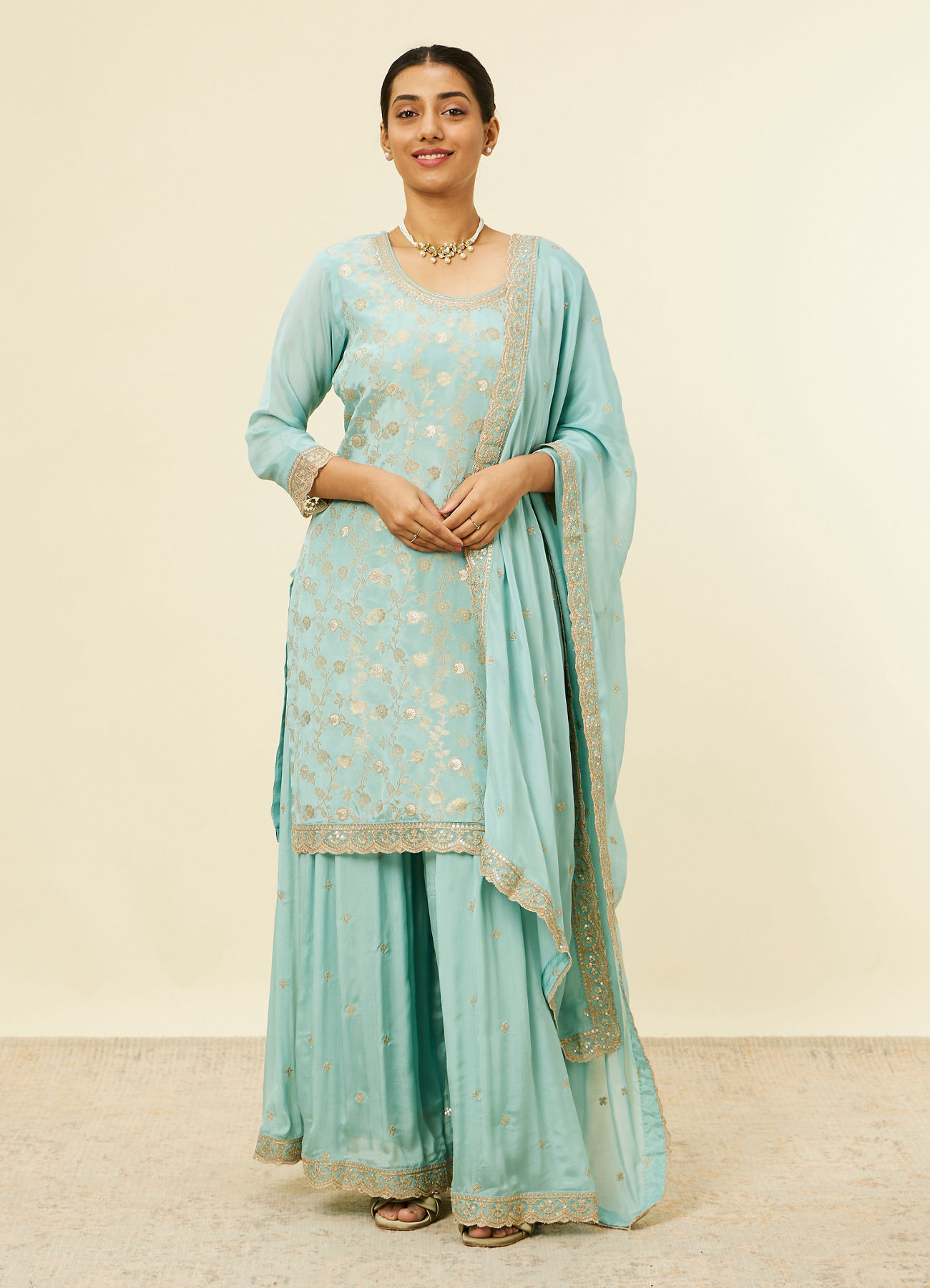 Mohey Women Light Blue Bel Buti Jaal Patterned Palazzo Suit