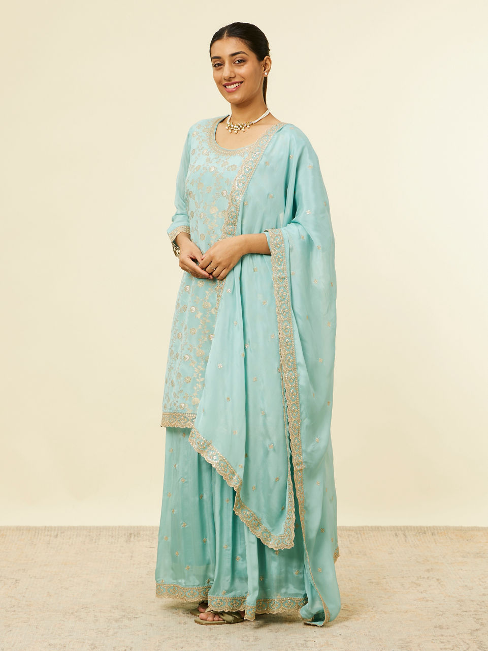 Mohey Women Light Blue Bel Buti Jaal Patterned Palazzo Suit