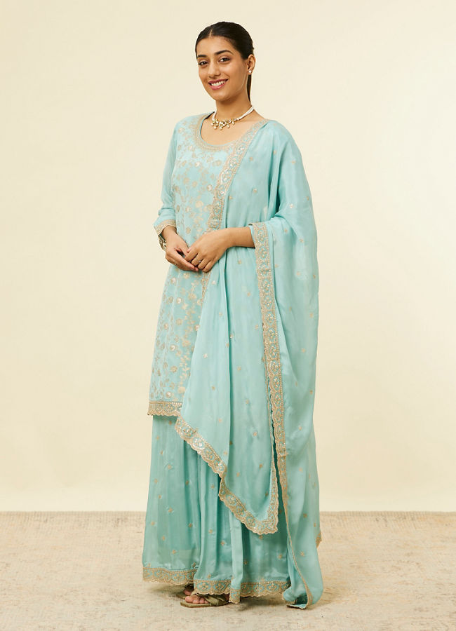 alt message - Mohey Women Light Blue Bel Buti Jaal Patterned Palazzo Suit image number 3