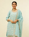 alt message - Mohey Women Light Blue Bel Buti Jaal Patterned Palazzo Suit image number 1