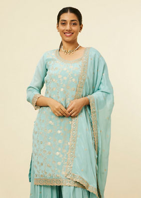 alt message - Mohey Women Light Blue Bel Buti Jaal Patterned Palazzo Suit image number 1