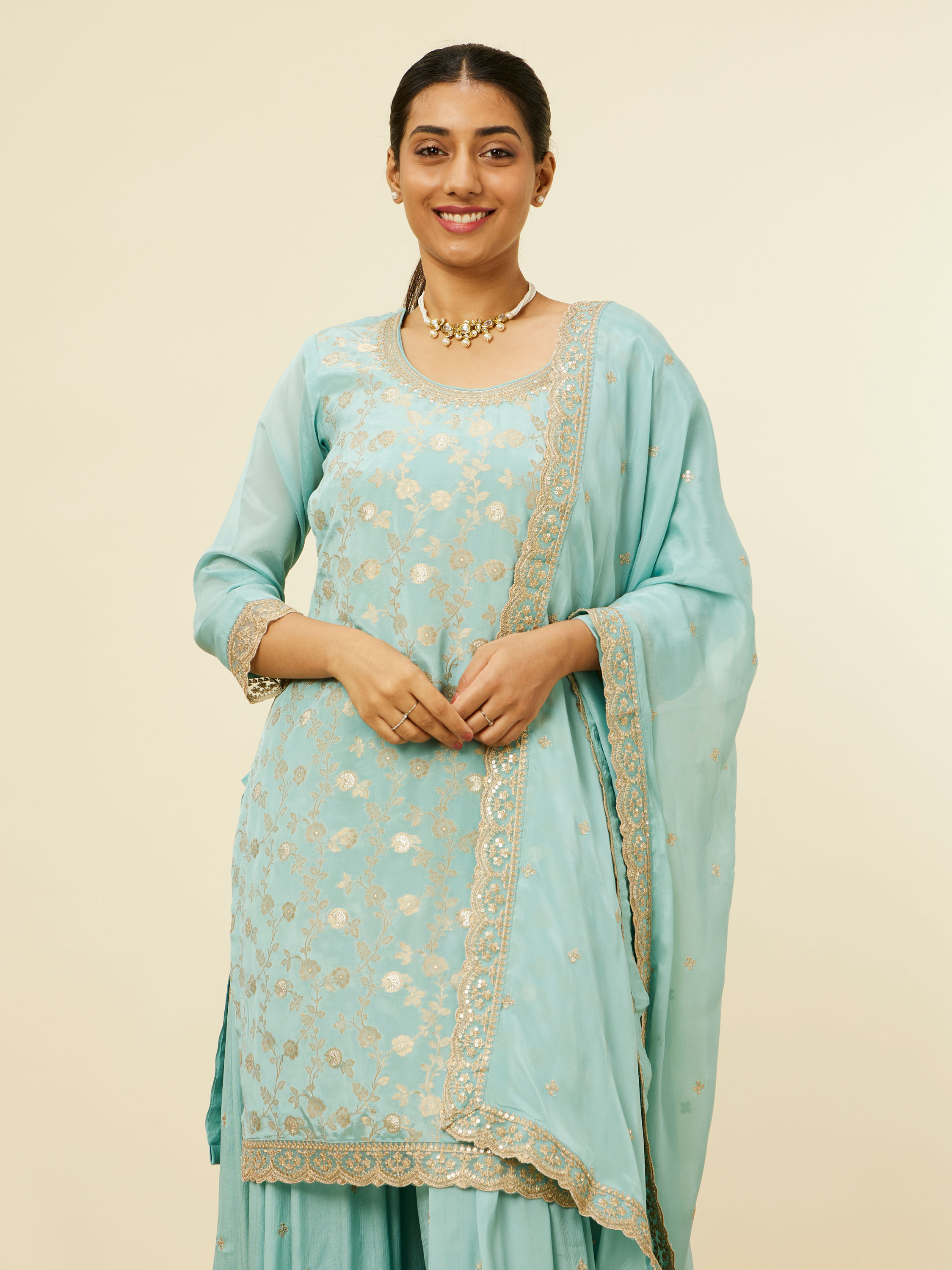 Mohey Women Light Blue Bel Buti Jaal Patterned Palazzo Suit