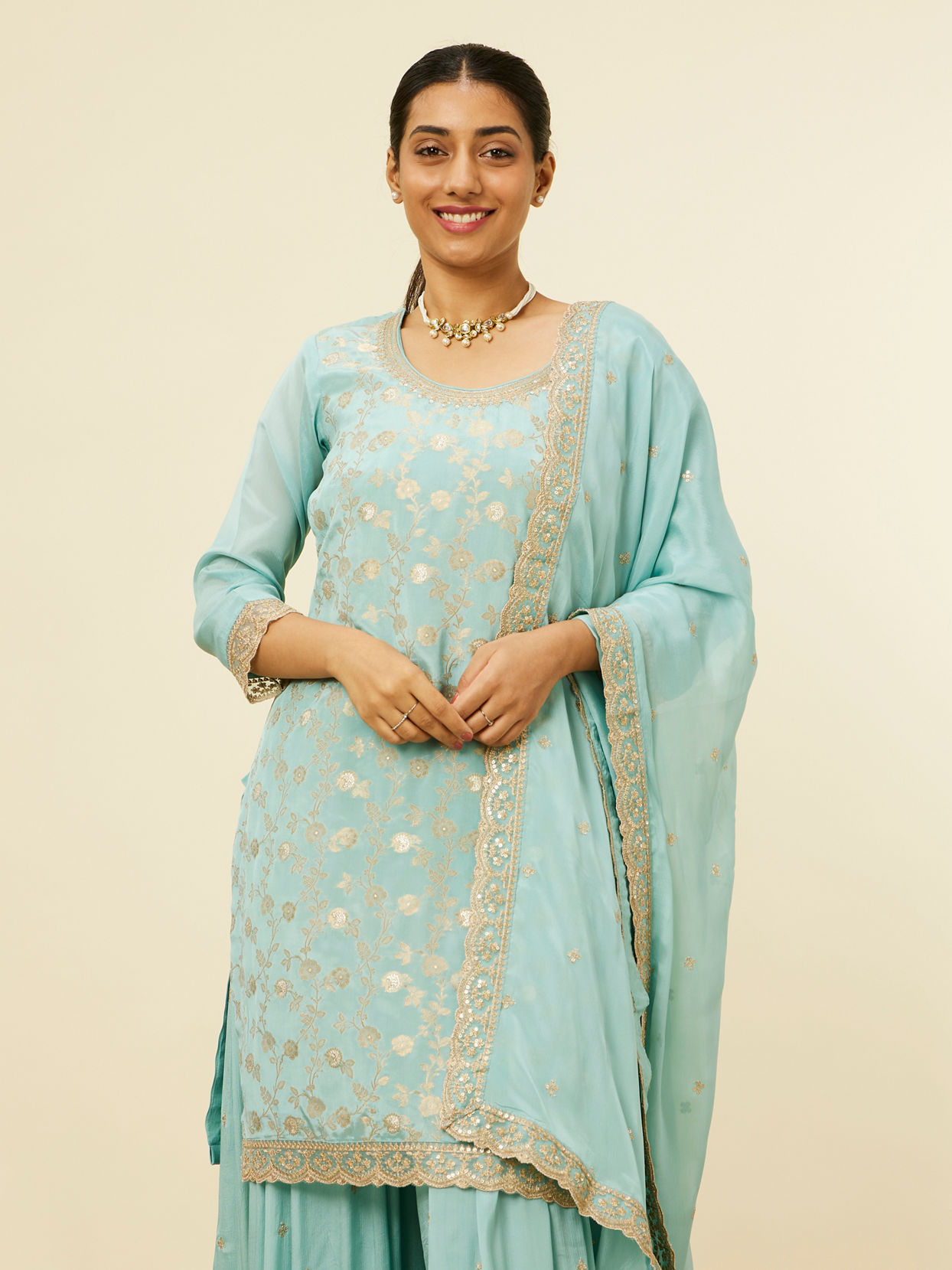 alt message - Mohey Women Light Blue Bel Buti Jaal Patterned Palazzo Suit image number 1